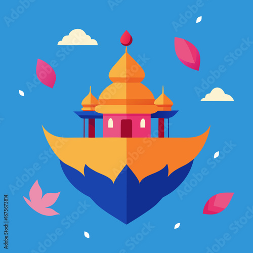 Vector art of exotic temple on a floating island with petals and clouds