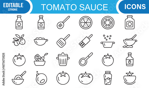 Tomato sauce and cooking icons set featuring pasta, pizza, ladle, jar, pot, and fresh tomatoes