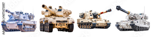 Military Tanks Diverse Range Showcase with Various Armaments and Designs on Isolated Background