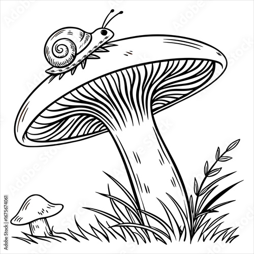 A white and black color cartoon vector illustration of a toadstool fungus in a forest on a black background