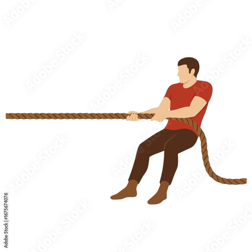 A person in a red shirt pulls on a brown rope, showcasing a tug-of-war scene against a black background.