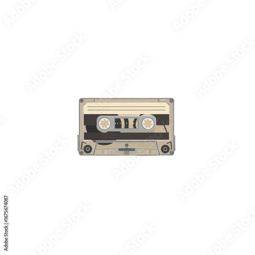 A vintage cassette tape illustration, displaying a simple design in muted beige and gray tones.