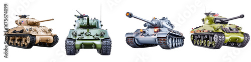 Four Distinct Military Tanks Showcasing Varied Designs and Colors Against a White Background