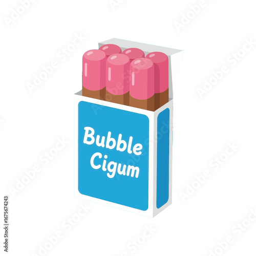 A vivid, cartoon-style illustration showcases a box of bubble gum, with pink sticks of gum nestled inside a light-blue box.