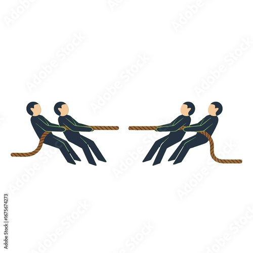 Teams of people pull on a rope in a struggle, illustrating competition and teamwork.