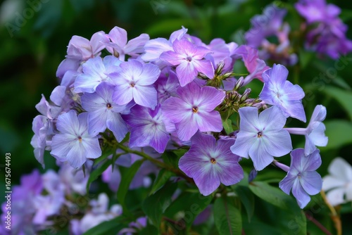 Phlox Paniculata creeper plants blooming with vibrant purple and lavender flowers in a garden during springtime