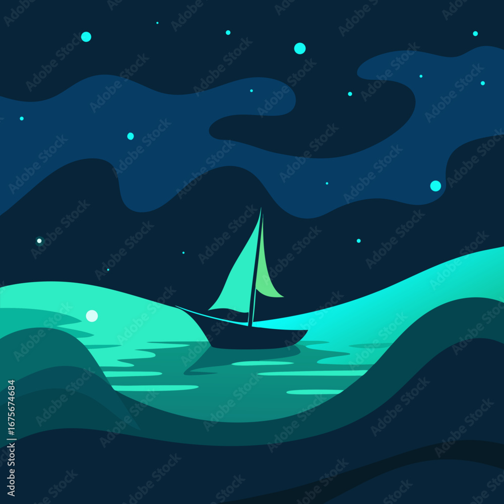 Naklejka premium Vector art of sailboat on the water at night under a starry sky with clouds