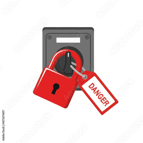 A gray electrical switch panel is secured with a red padlock and a warning tag that indicates danger.