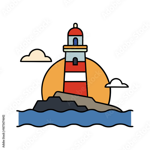 Vector art of lighthouse on a rocky island with a sunset and clouds, illustration