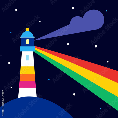 Vector art of lighthouse at night with rainbow colored light beam and stars