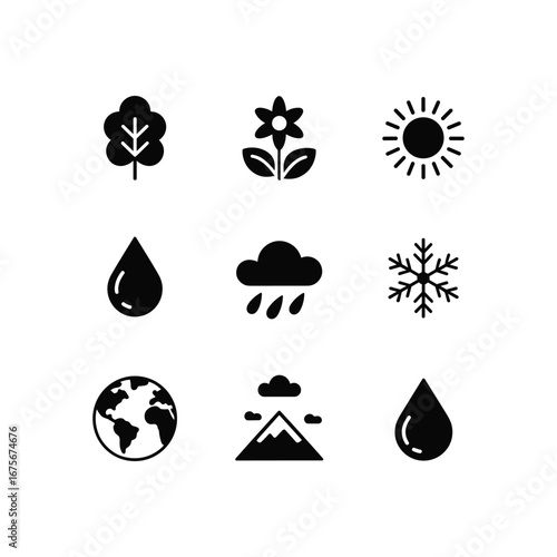 Collection of nature and weather icons representing seasons earth climate and natural elements