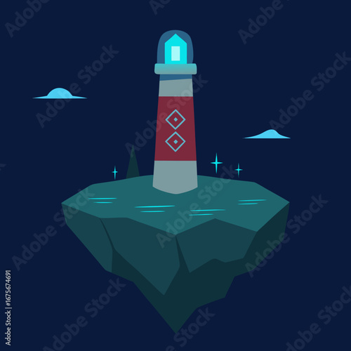 Vector art of floating island with a lighthouse at night with stars and clouds