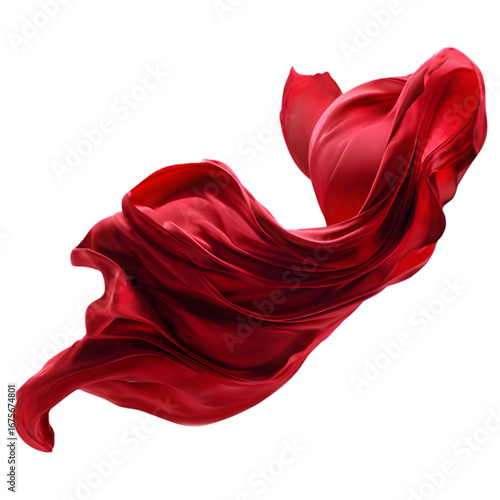 Elegant flowing red silk fabric gracefully dancing and swirling in a dynamic motion isolated on transparent background