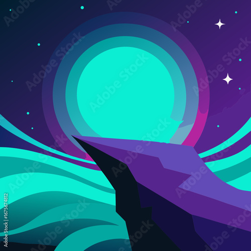 Vector art of a glowing turquoise orb rises over a rocky cliff under a starry purple sky