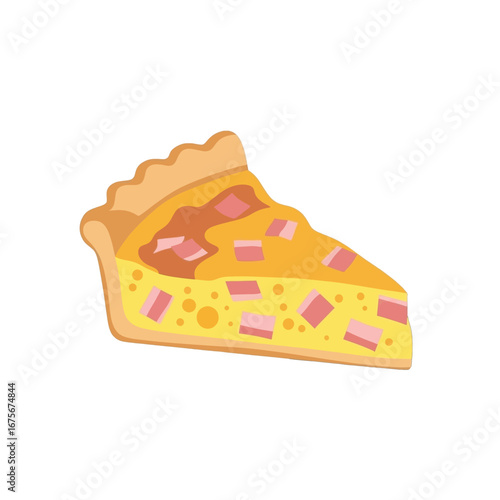 A vibrant illustration of a delectable slice of quiche Lorraine, showcasing a flaky crust, melty cheese, and savory pieces of ham.