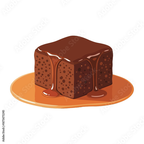 A rich, decadent square of chocolate cake sits atop a pool of caramel sauce, dripping down its sides in a delectable display of sweet treats.