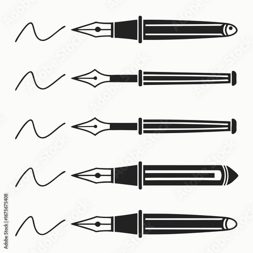Collection of five fountain pens with ink strokes