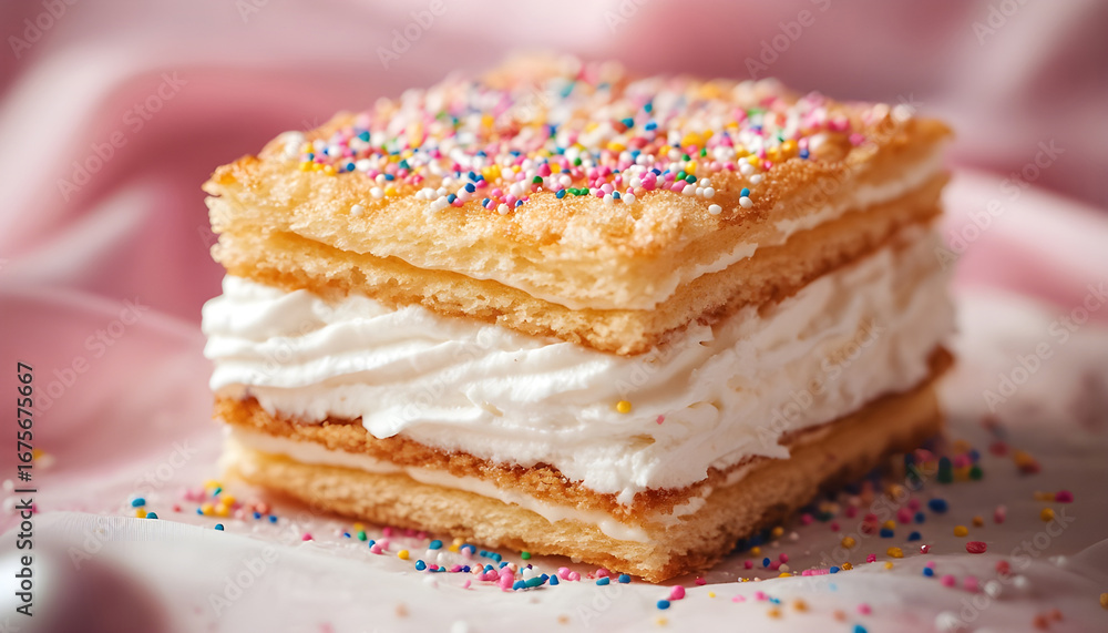 A close-up of a sweet dessert featuring a crispy sandwich filled with creamy white frosting, adorned with sprinkles A close-up of a sweet dessert featuring a crispy sandwich filled with creamy white frosting, adorned with sprinkles