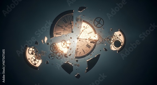Broken clock, concept of time, broken clock with flying gears and broken mechanism