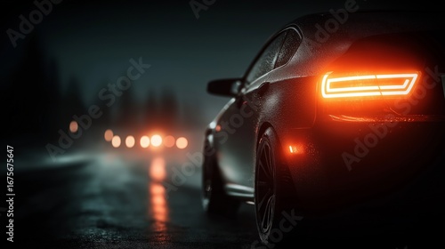 Car tail lights at night on wet road for automotive safety visuals, night driving guides, and transportation ads, rear view angle, deep shadows, glowing red tones, right side copy space