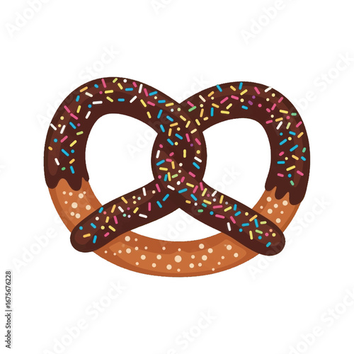 A charming illustration of a pretzel, generously coated in chocolate and adorned with colorful sprinkles.