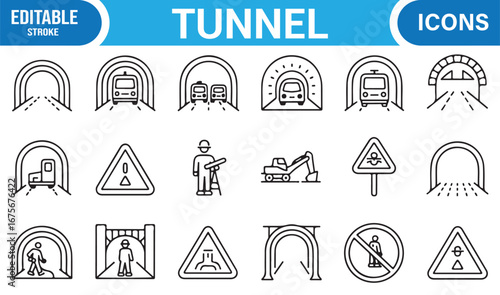 Tunnel and bridge outline icon set including warning, worker, traffic, and urban infrastructure signs