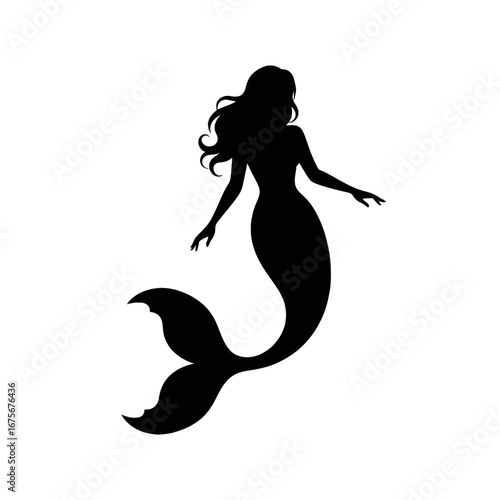 Silhouette of a mermaid, with flowing hair and graceful tail, presented against a deep black background.
