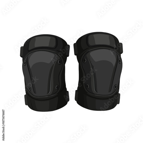 Pair of black protective knee pads are depicted against a stark black background.