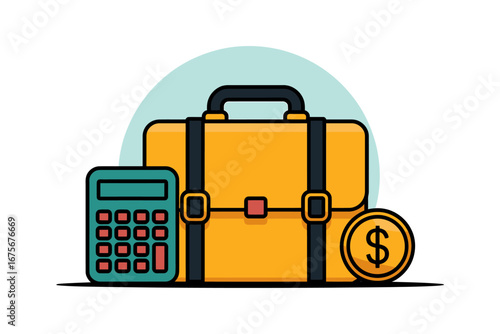 Financial Planning Illustration Briefcase, Calculator, and Coin Depicting Investment and Accounting