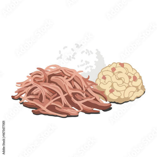 Colorful illustration of a plate featuring a pile of shredded meat, rice, and macaroni and cheese.