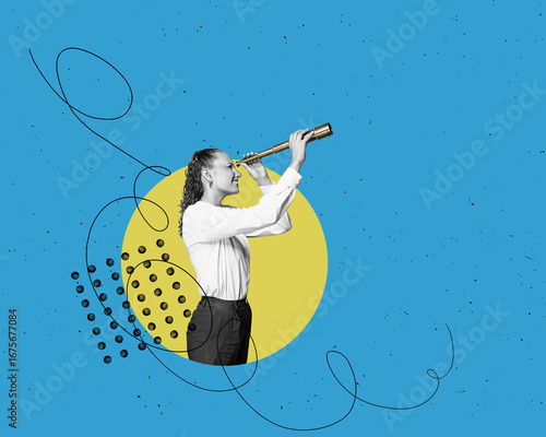 Flat design Illustration. A young woman with a binoculars am looking. Searching for information on the internet concept.