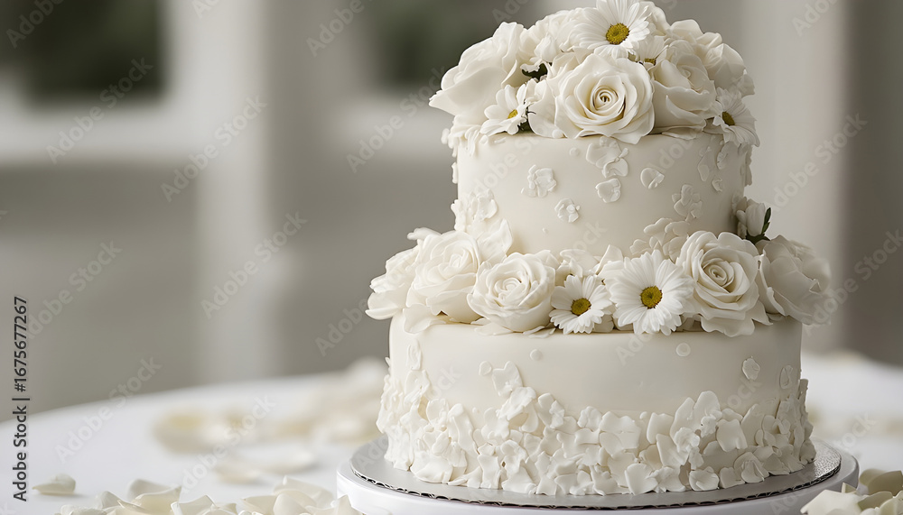 Fototapeta premium Three-tiered wedding cake with white fondant base, intricate floral designs. White roses, daisies adorn cake, creating sophisticated look. Scattered rose petals surround cake, emphasizing
