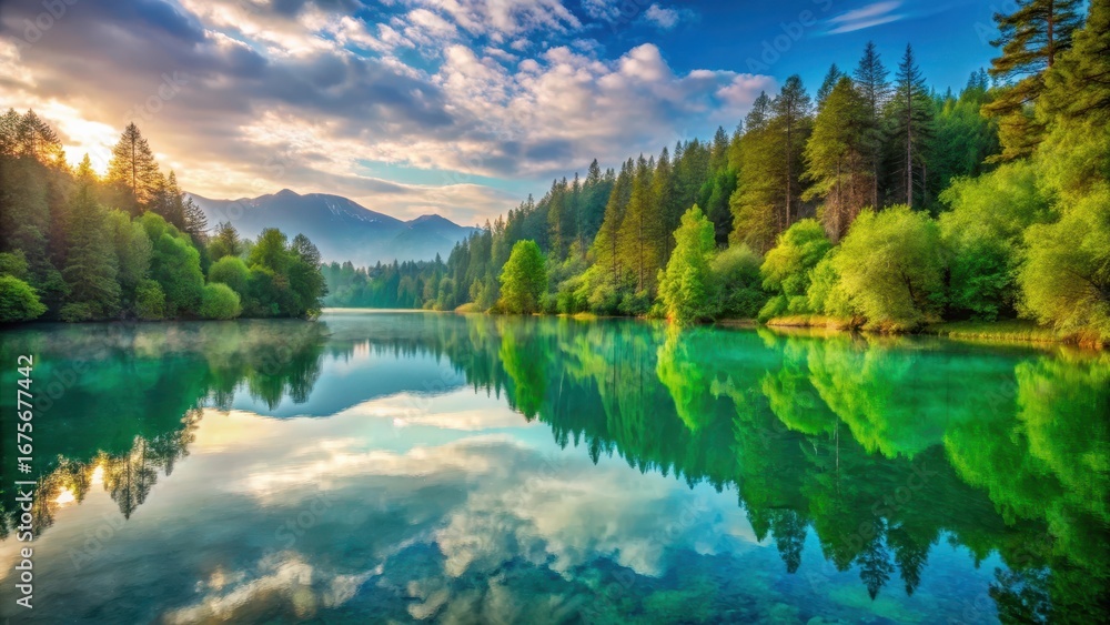 Fototapeta premium Serene lake surface with turquoise water reflecting a lush green landscape at sunrise