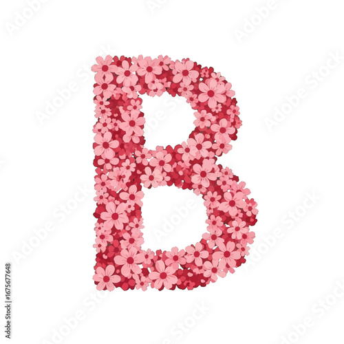 A decorative letter "B" formed by numerous small, delicate flowers in shades of pink and red.