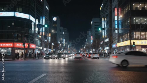 Night Traffic on a Busy Urban City Street