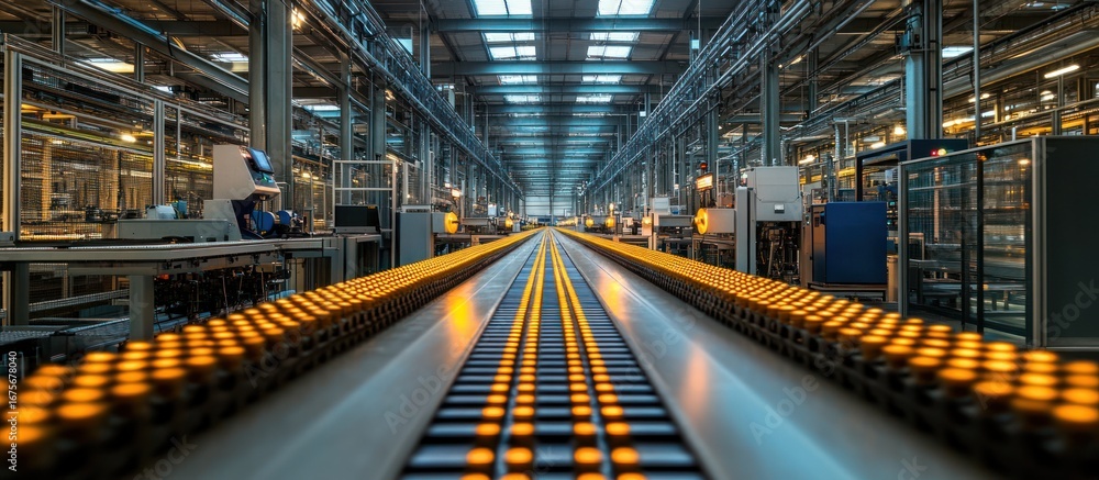 Fototapeta premium Illuminated conveyor belt in a large industrial factory.