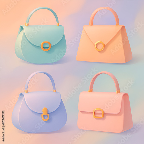 Pastel colored purses in soft 3D style illustration