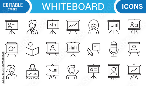 Editable outline whiteboard icons collection for business, office, teaching, training, and corporate presentations