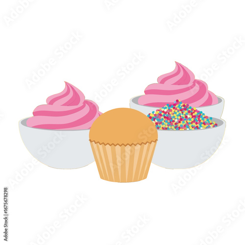 A collection of delectable treats, including a cupcake, pink whipped topping, and colorful sprinkles, displayed in simple, elegant white bowls.