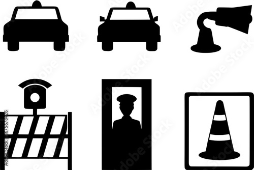 "Emergency and safety line icons in black on white: car with siren, cone, exit door, CCTV camera, stop sign, metal barrier with people, uniformed emergency responder, hazard sign. Each icon isolated, 