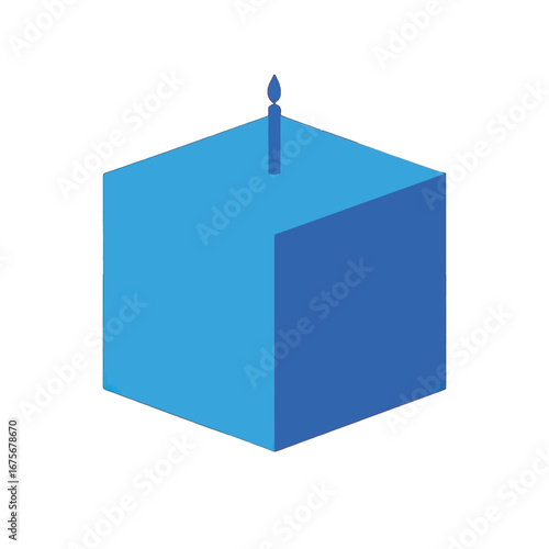 A vibrant, light blue cube-shaped object, seemingly a cake, with a small, dark blue candle, is presented against a striking black backdrop.