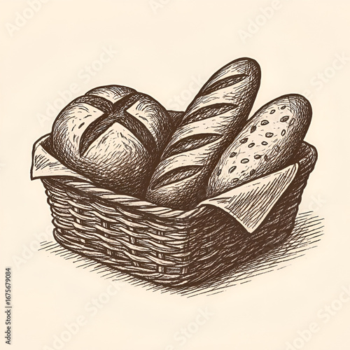  sketch of basket holding assorted breads