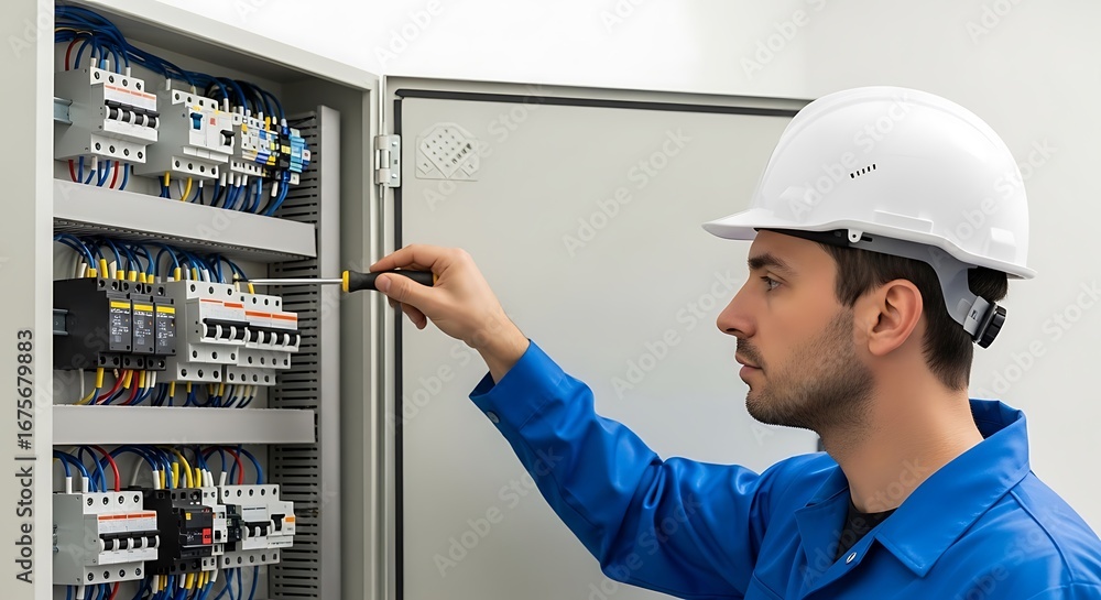 custom made wallpaper toronto digitalAn electrician is working on an electrical panel, ensuring safety and efficiency in the system, while wearing a helmet for protection and using a screwdriver