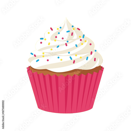 A delectable, colorful cupcake, adorned with a generous swirl of white frosting and vibrant sprinkles, sits proudly in its pink liner.