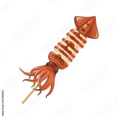 A delicious squid skewer, beautifully illustrated, showcasing its detailed texture and savory appearance.
