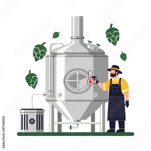 A worker monitors the temperature of a large stainless steel brewery fermenter filled with hop.