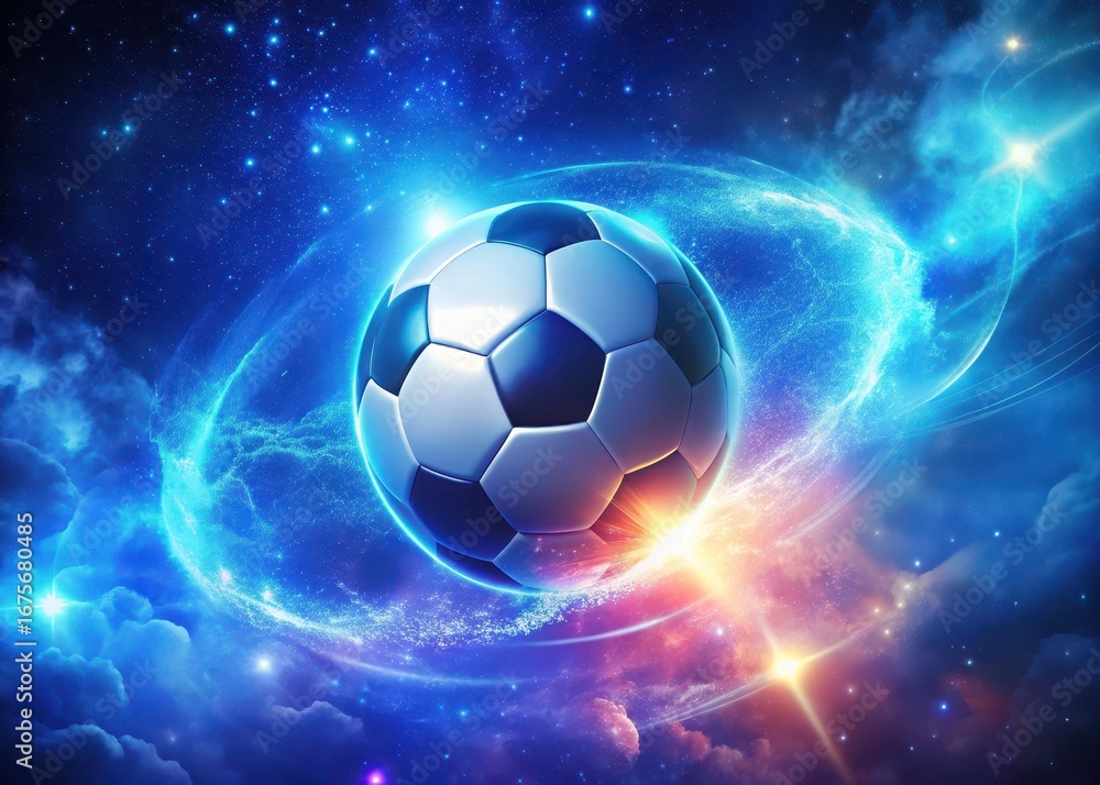 Fototapeta premium Glowing neon soccer ball appears to be floating in space against a stunning
