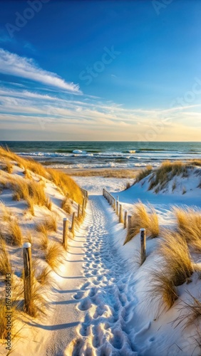 Fototapeta Naklejka Na Ścianę i Meble -  Winter landscape of footpath amidst Baltic Sea sand dunes in Saulkrasti Latvia