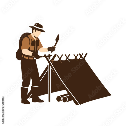 A hiker meticulously sets up a simple tent in a dark, shaded campsite.