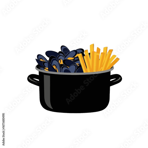 A black cooking pot filled with mussels and french fries, showcasing a simple yet delicious meal.